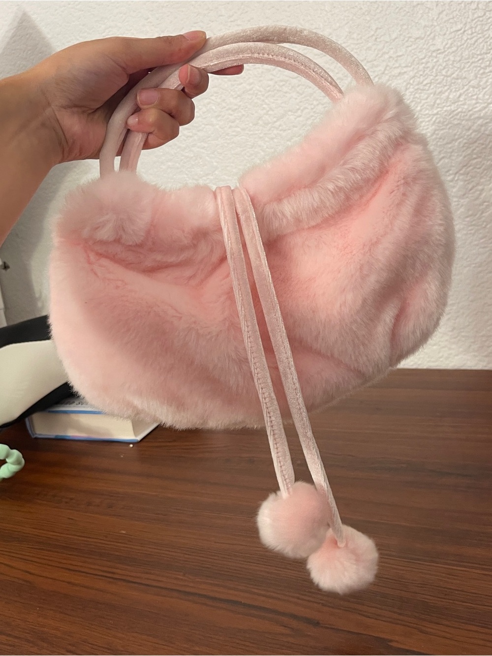 Pink Faux Fur Pom-Pom Shoulder Bag